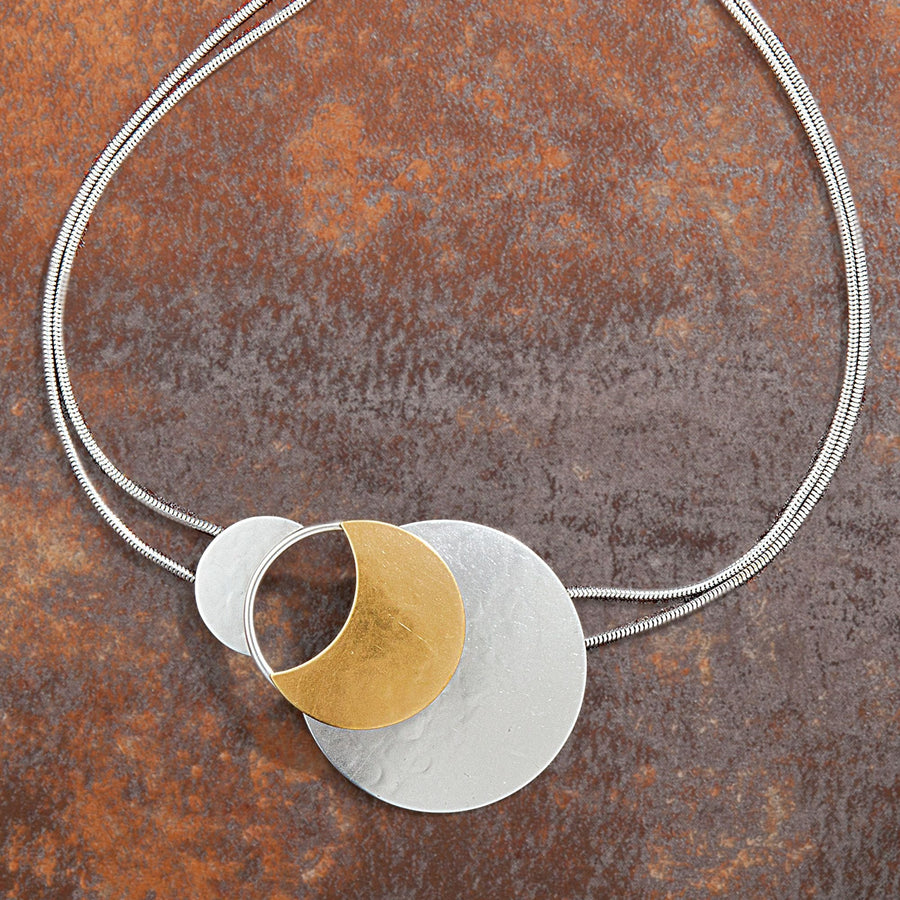 Mixed Metal Wide Circles Pendant Necklace