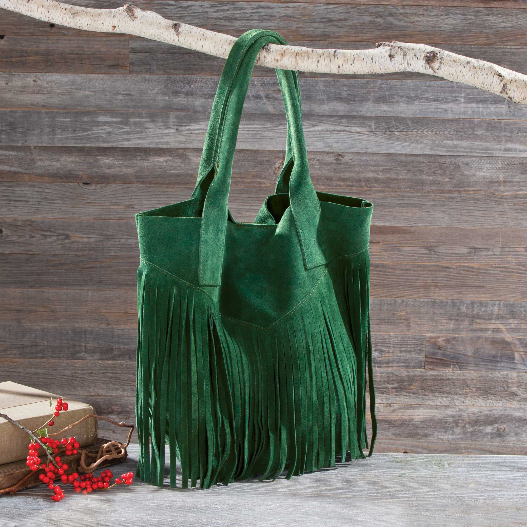 Italian Suede Forest Green Fringe Tote