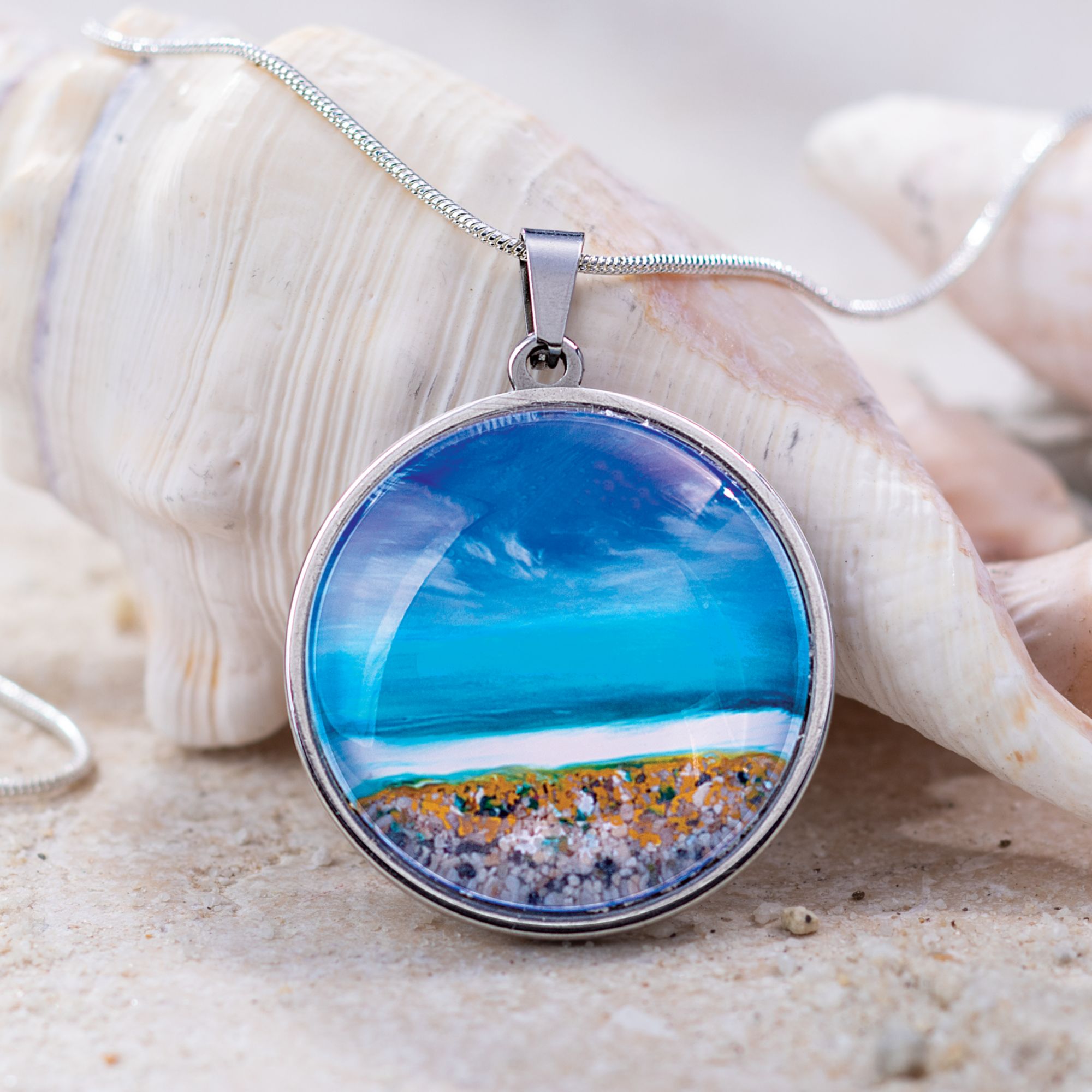 Reverse-Painted Beach Pendant Necklace