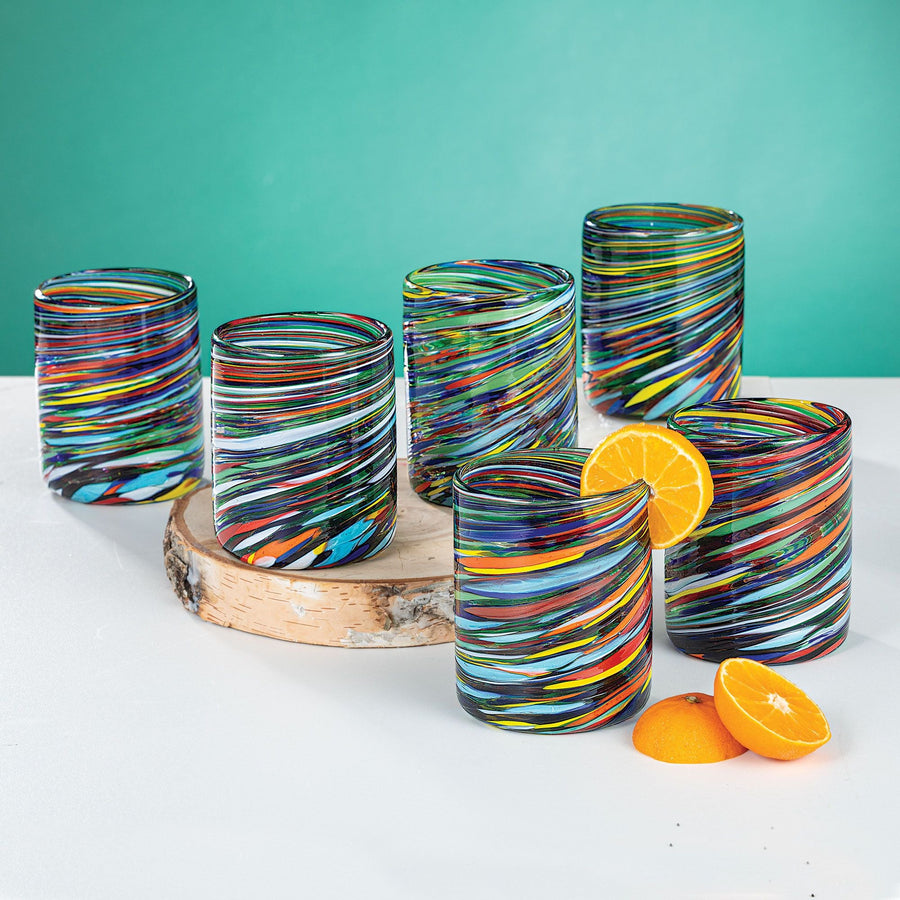 Hand-Blown Multi-Colored Swirl Glasses Set Of 6