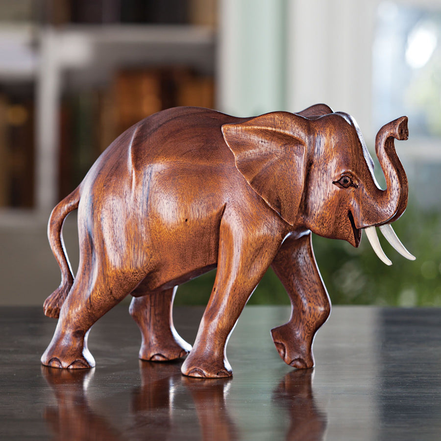 Lucky Elephant Hand-Carved Wooden Sculpture
