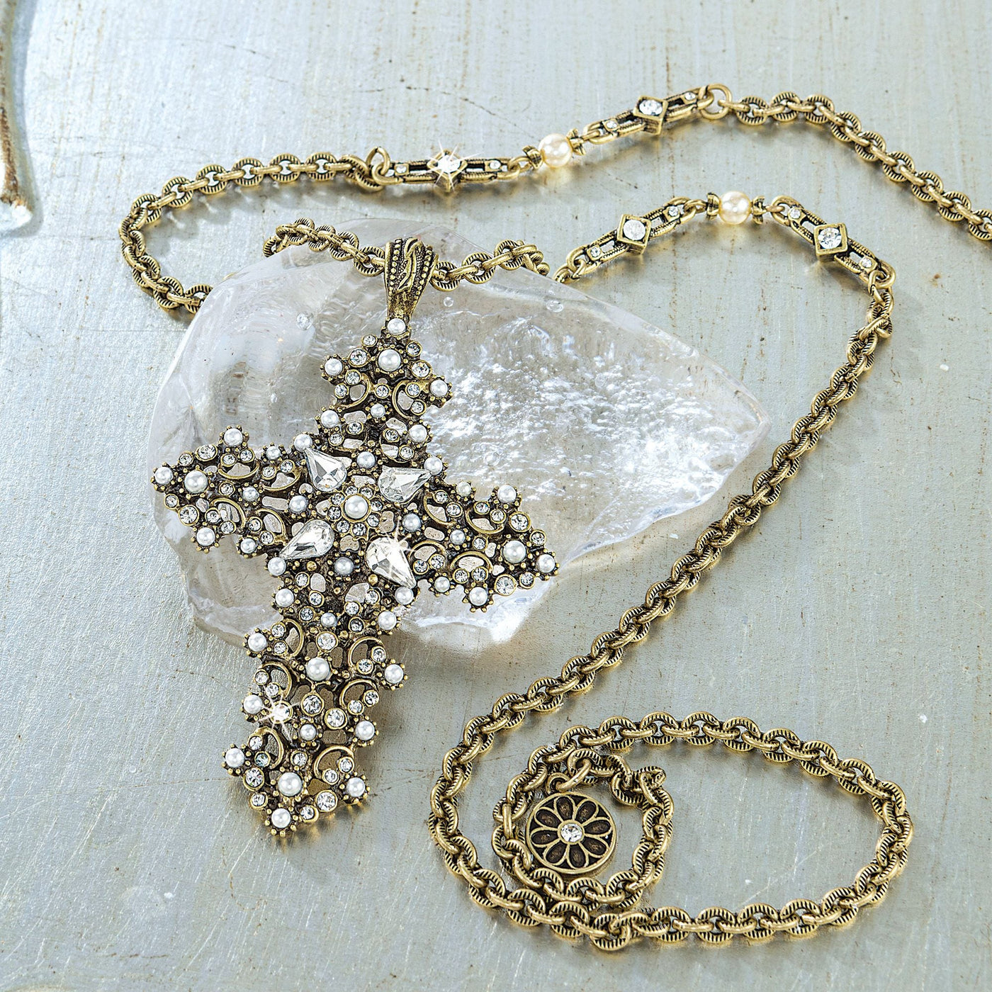 Renaissance Lace Crystal & Pearl Cross Necklace