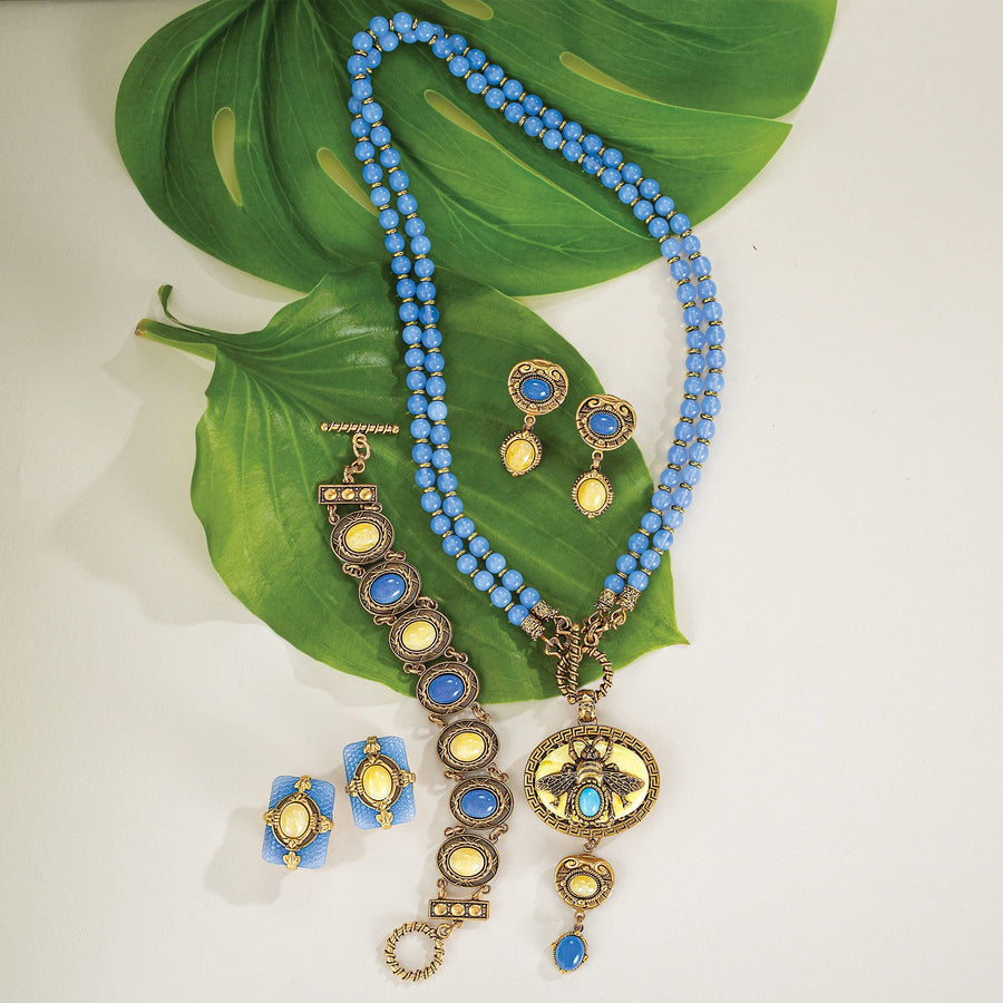 Vintage-Style Jonquil & Blue Glass Bee Necklace