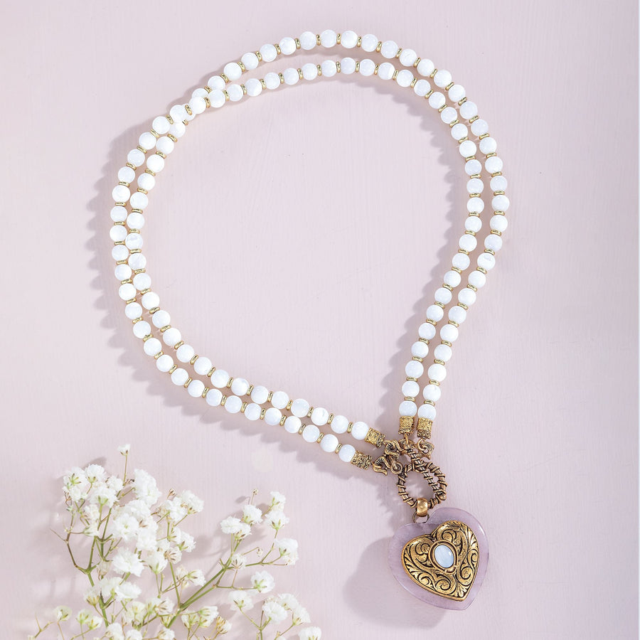 Vintage-Style Pastel Rose Quartz & Mother Of Pearl Heart Necklace
