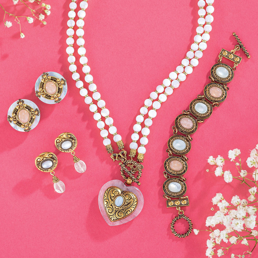 Vintage-Style Pastel Rose Quartz & Mother Of Pearl Heart Necklace