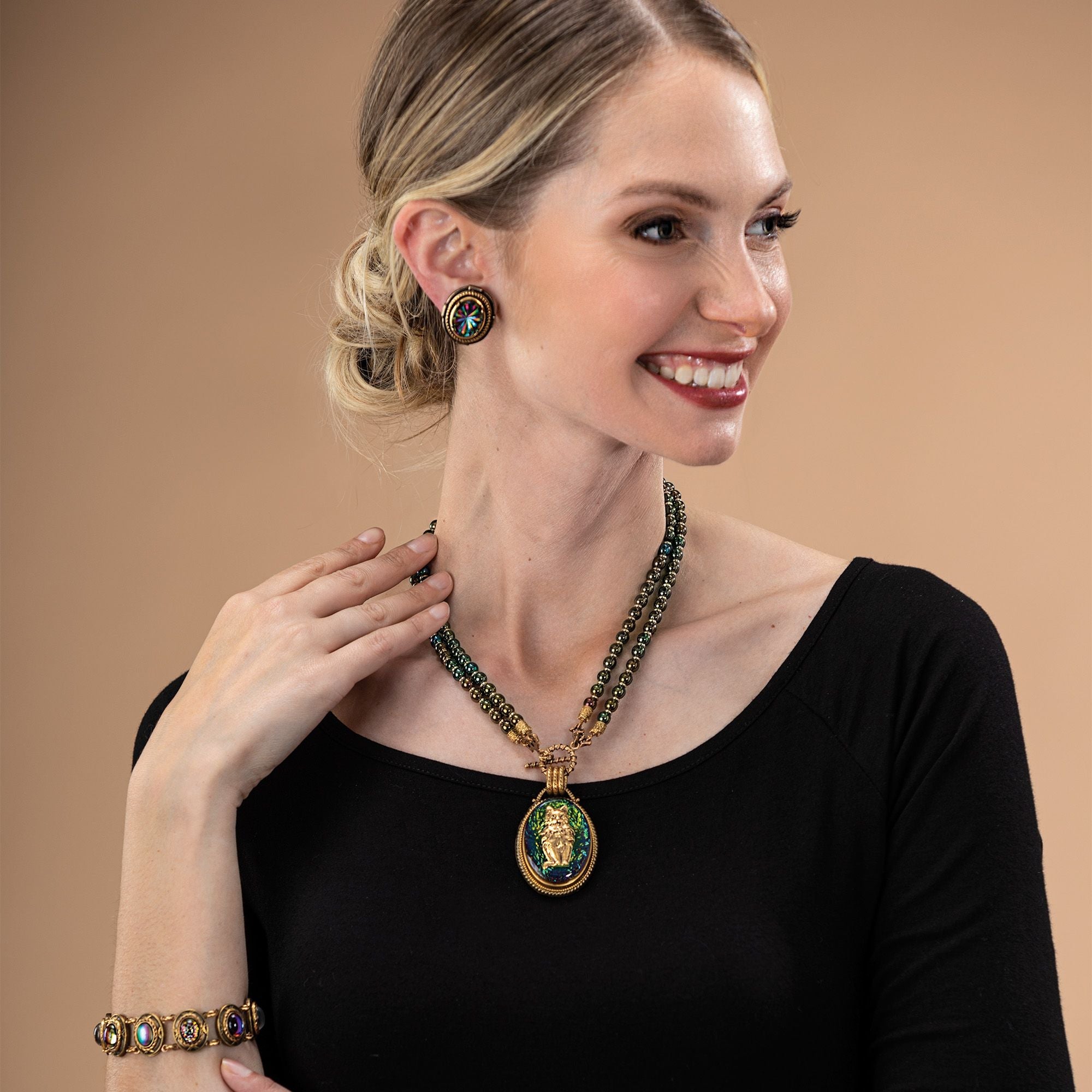 Vintage-Style Crystals & Cats Statement Necklace