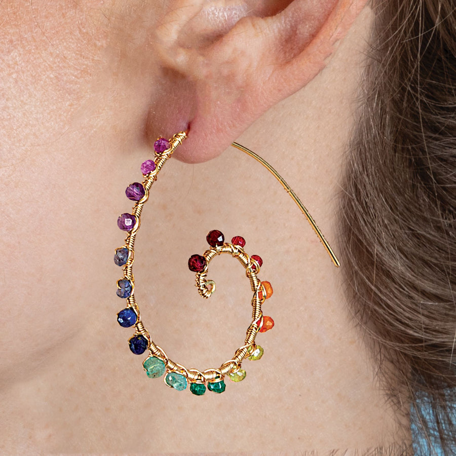 Gemstone Rainbows Swirling Hoop Earrings