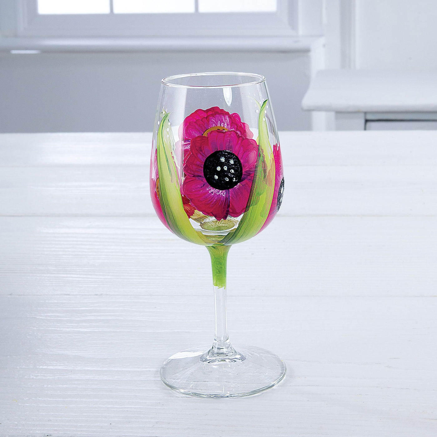 Pink Poppy Hand-Painted Floral Wine Glass