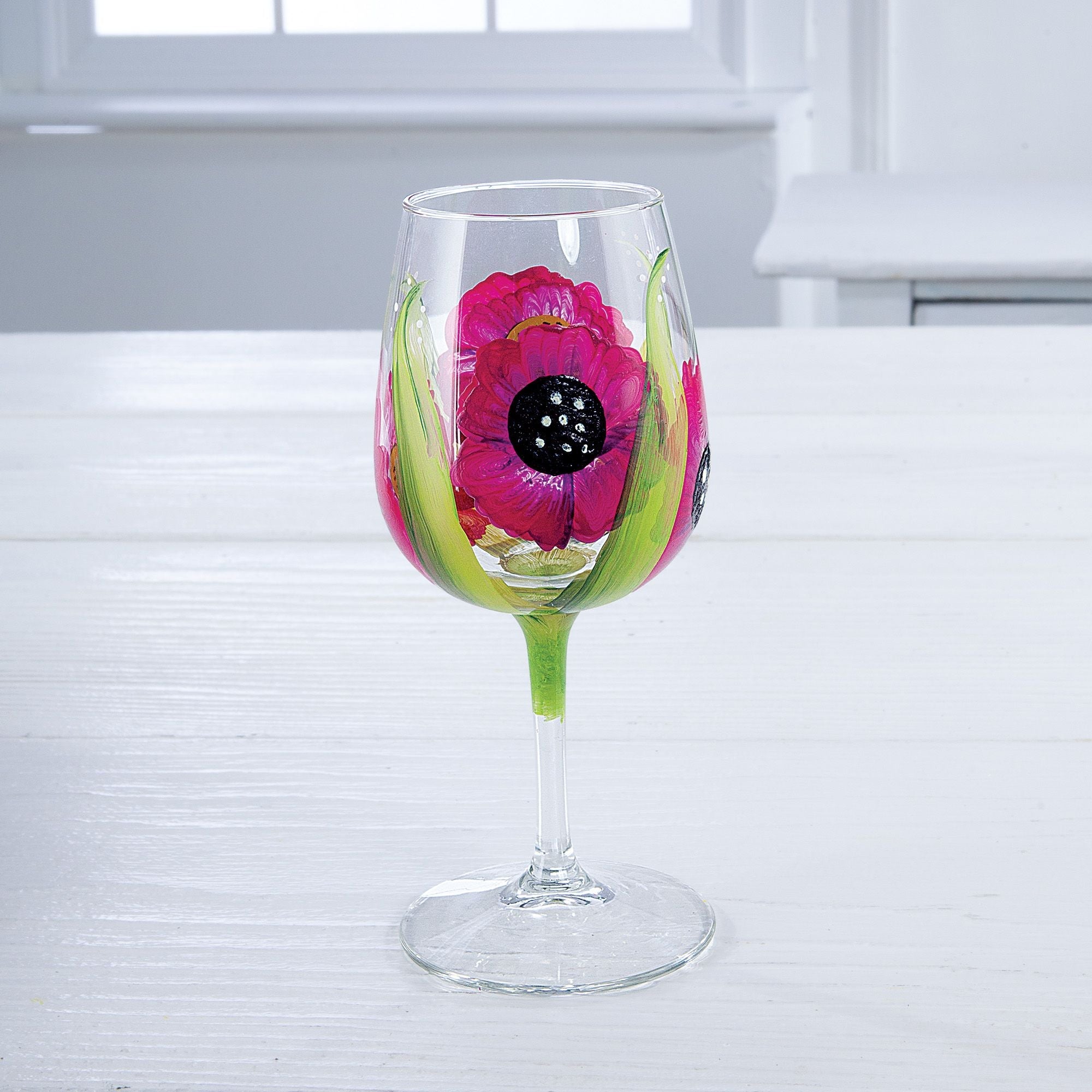 Pink Poppy Hand-Painted Floral Wine Glass