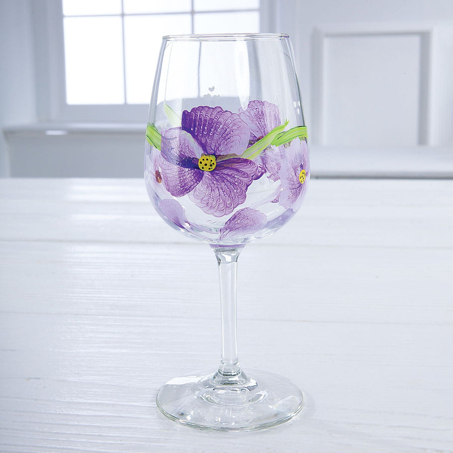Purple Violet Hand-Painted Floral Wine Glass