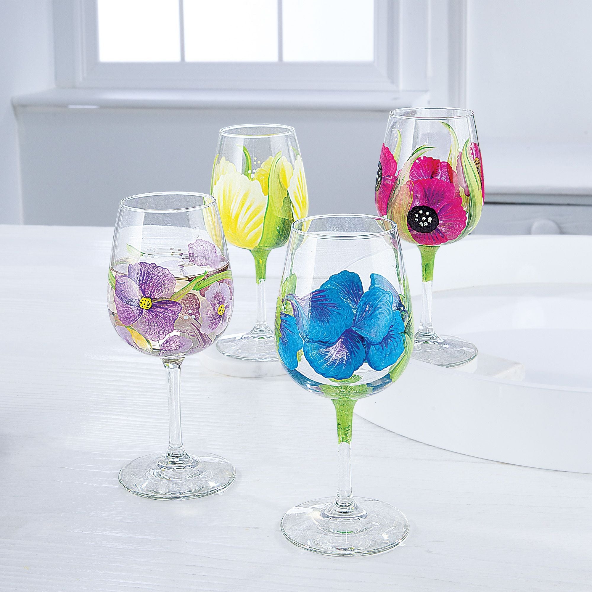 Blue Violet Hand-Painted Floral Wine Glass
