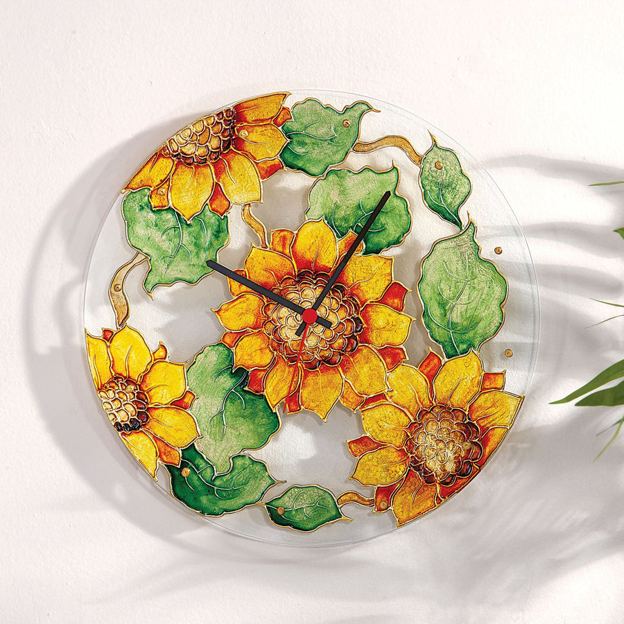 Hand-Gilded Sunflower Glass Clock