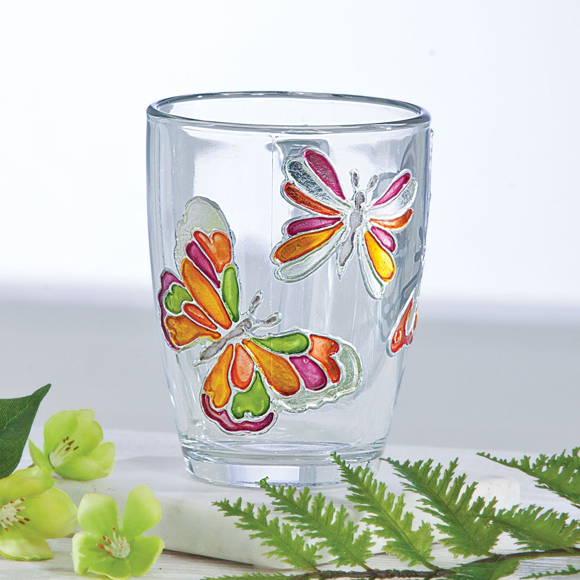 Hand-Gilded Pink Butterflies Glass Mug, 6oz.