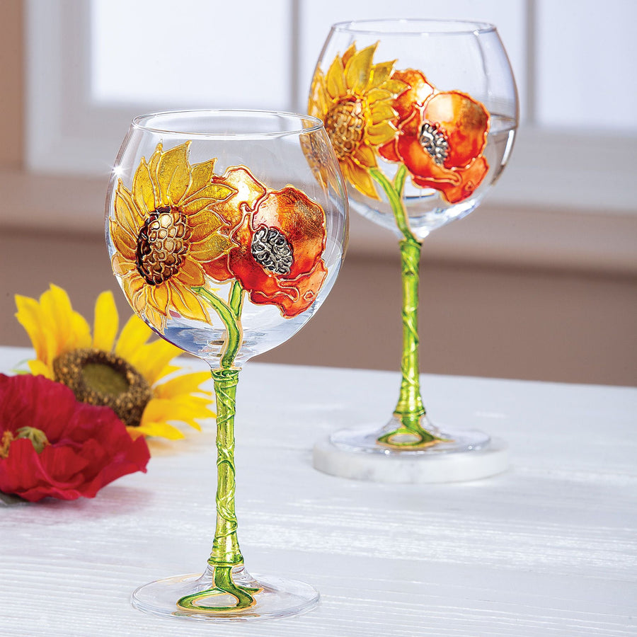 Hand-Gilded Sunflower & Poppy Wine Glass