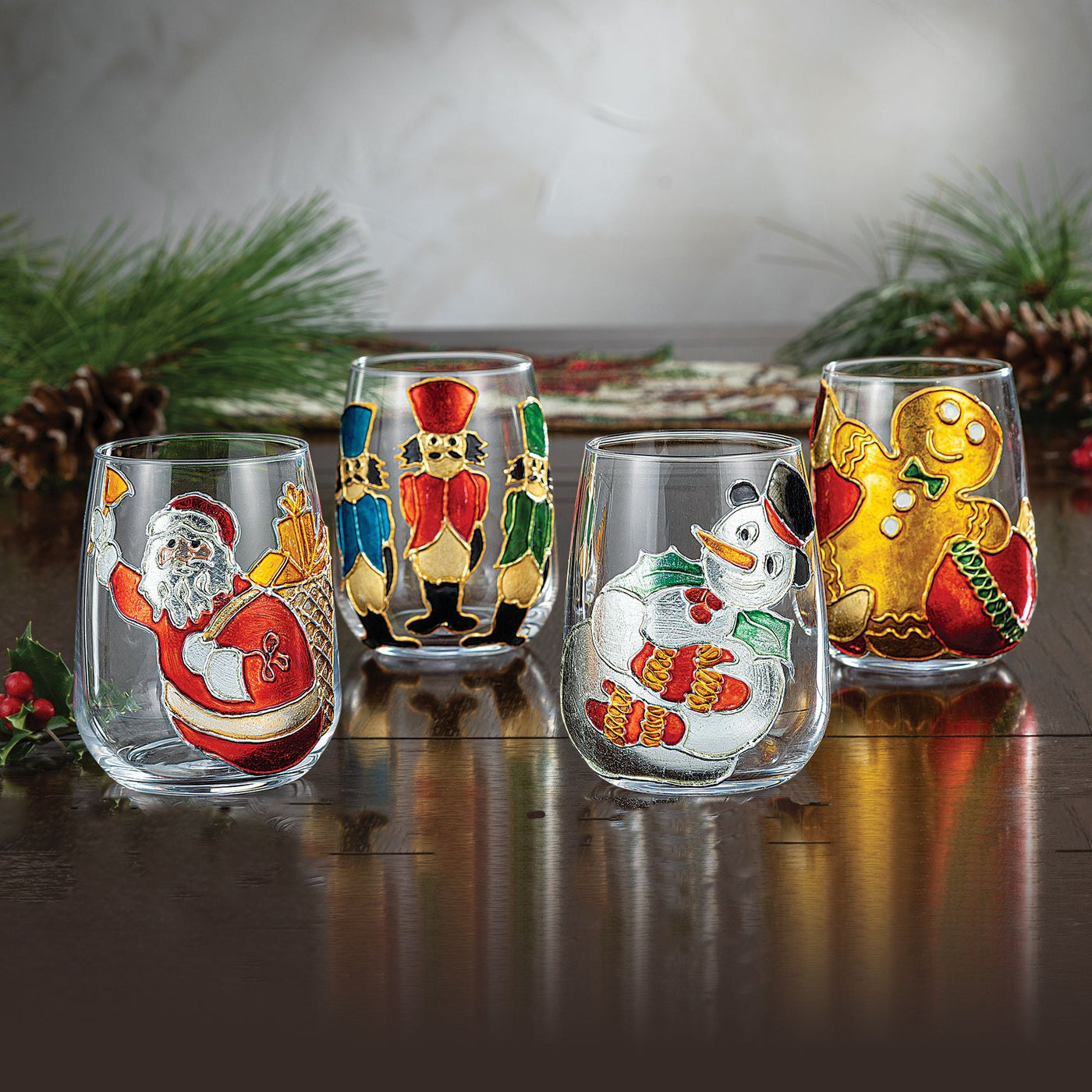 Hand-Gilded Santa & Gifts Stemless Glass