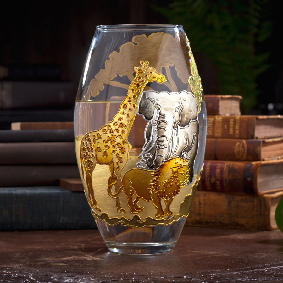 Hand-Gilded Safari Animals Glass Vase