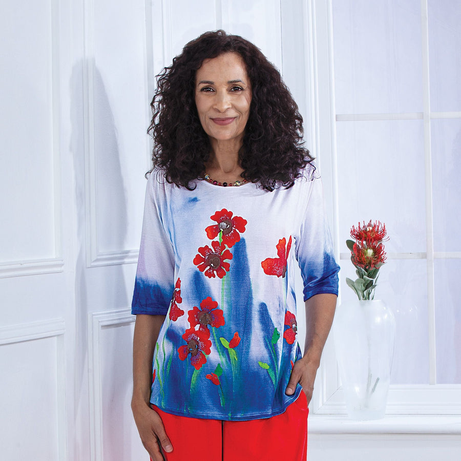 Hand-Painted Picking Poppies Blouse