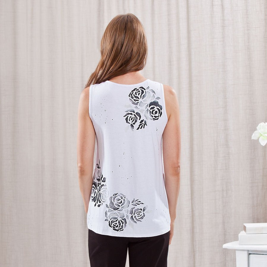 Hand-Painted English Roses White Tank Top