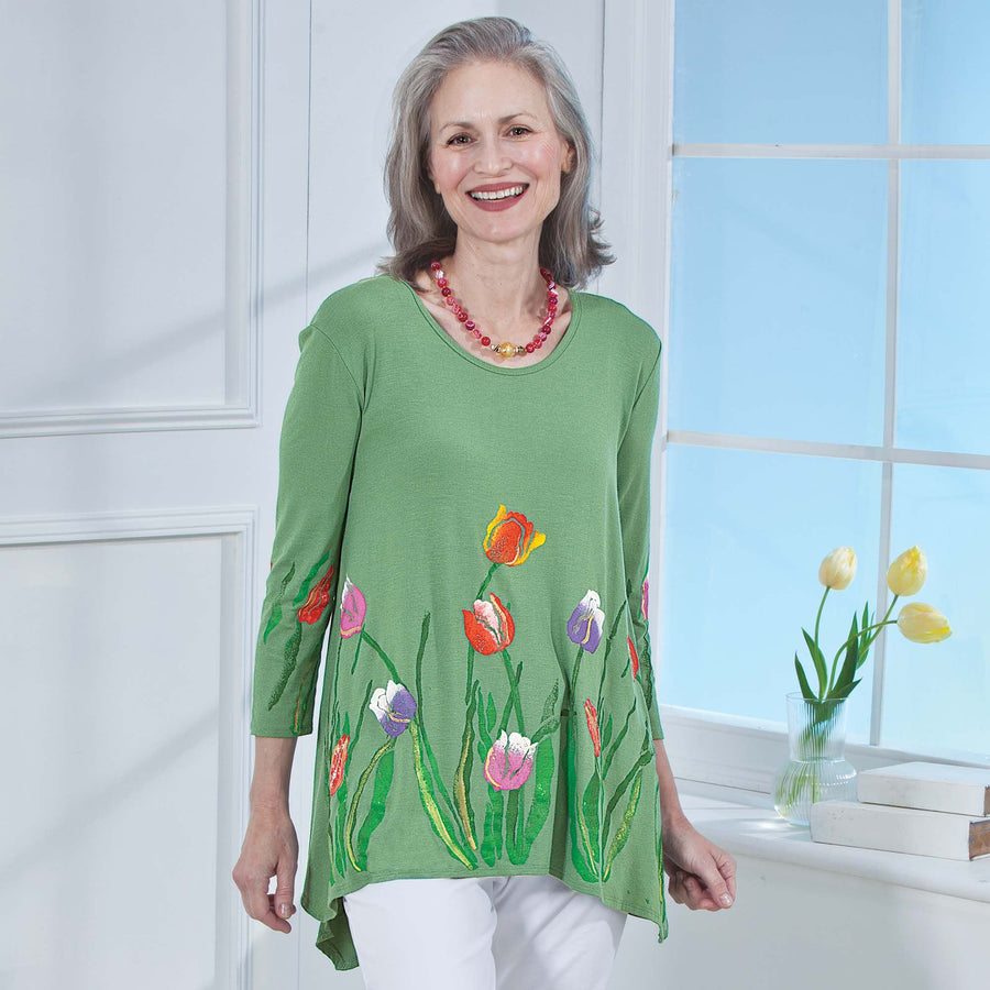 Hand-Painted Spring Tulips Blouse