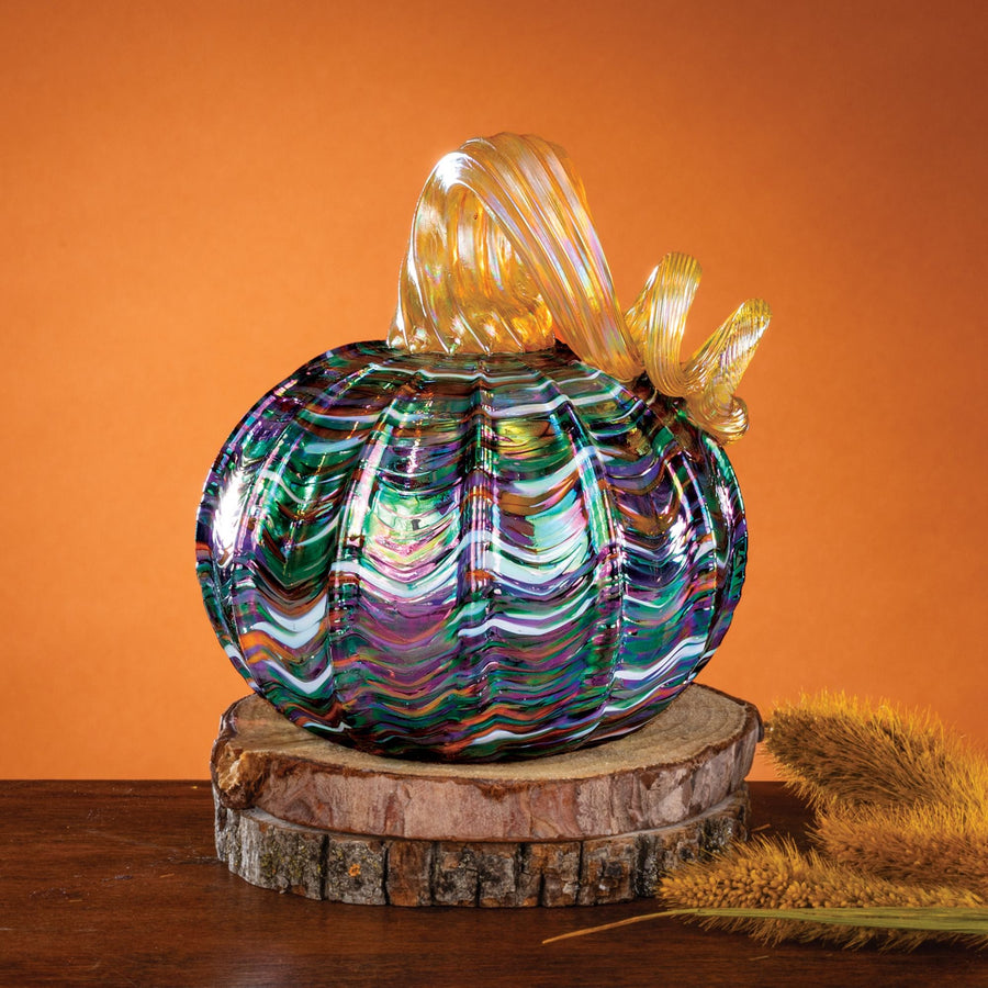 Hand-Blown Glass Iridescent Rainbow Spun Pumpkin