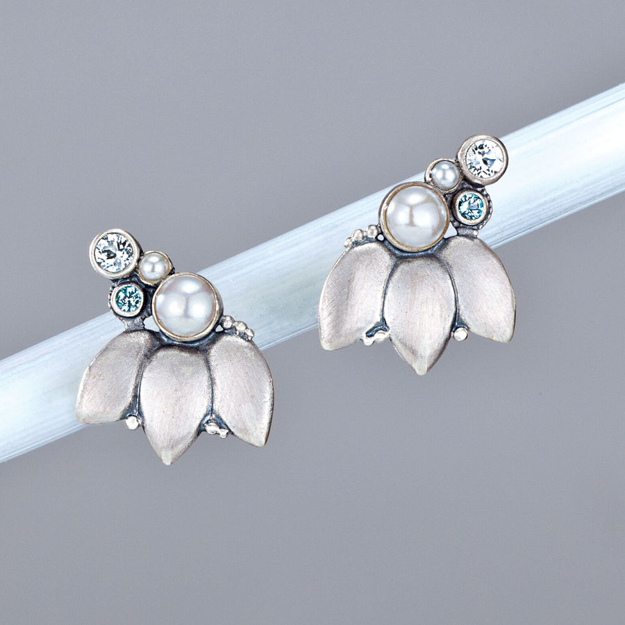 Topaz & Pearl Lotus Flower Earrings