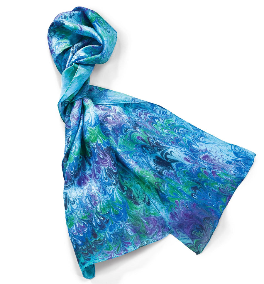 Lucille's Hand-Marbled Turquoise Silk Scarf