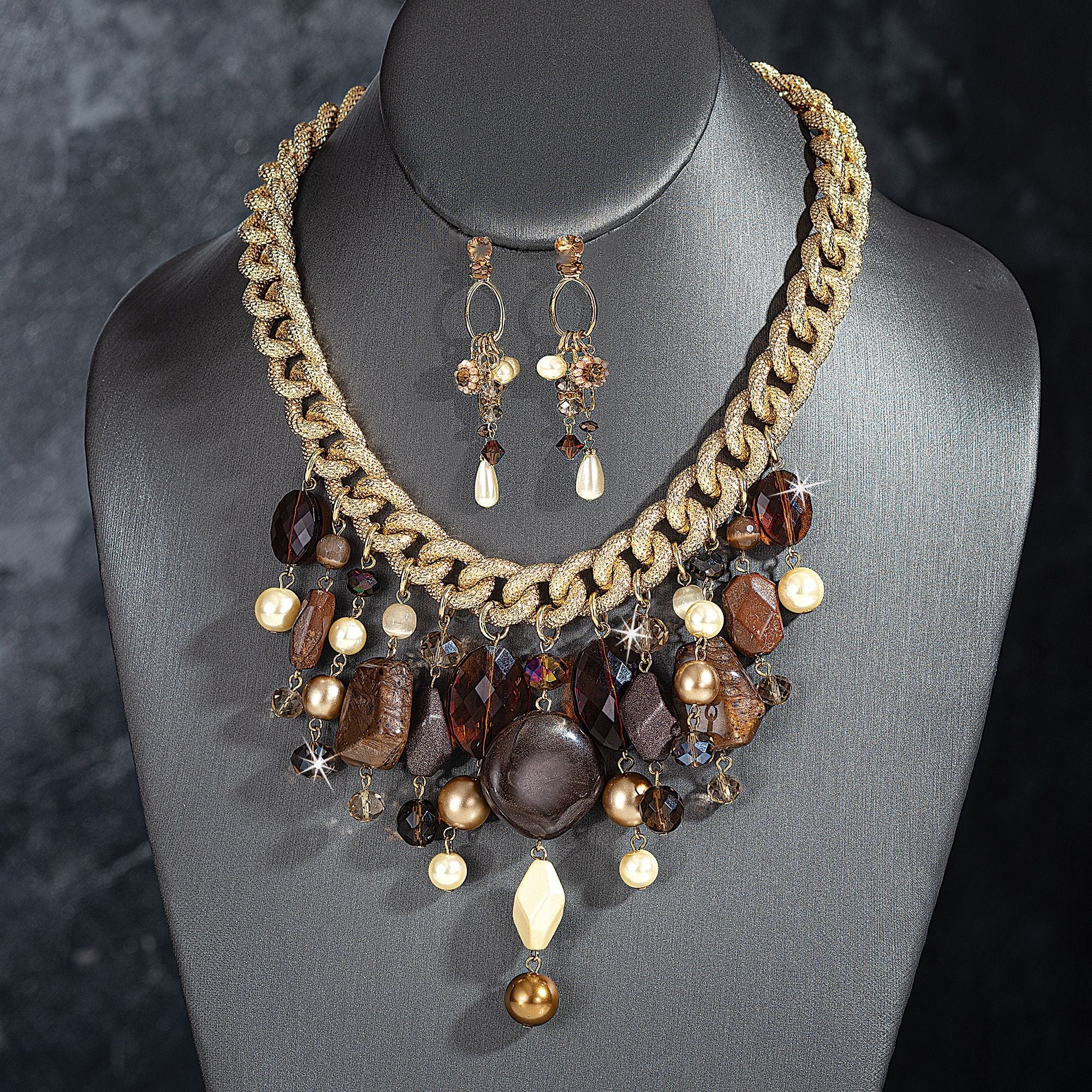 Gold Pearl Statement Necklace & Earrings Set
