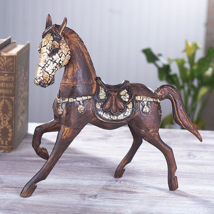 Hand-Carved Albesia Wood Horse With Eggshell Embellishments