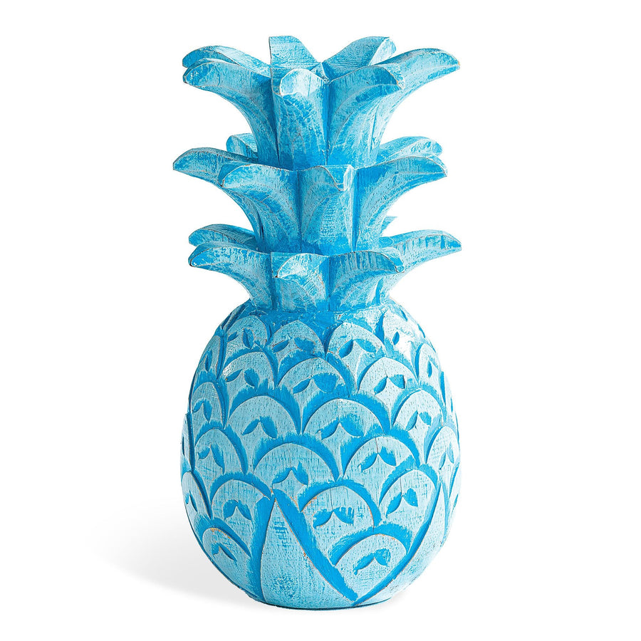 Hand-Carved Albesia Wood Light Blue Pineapple