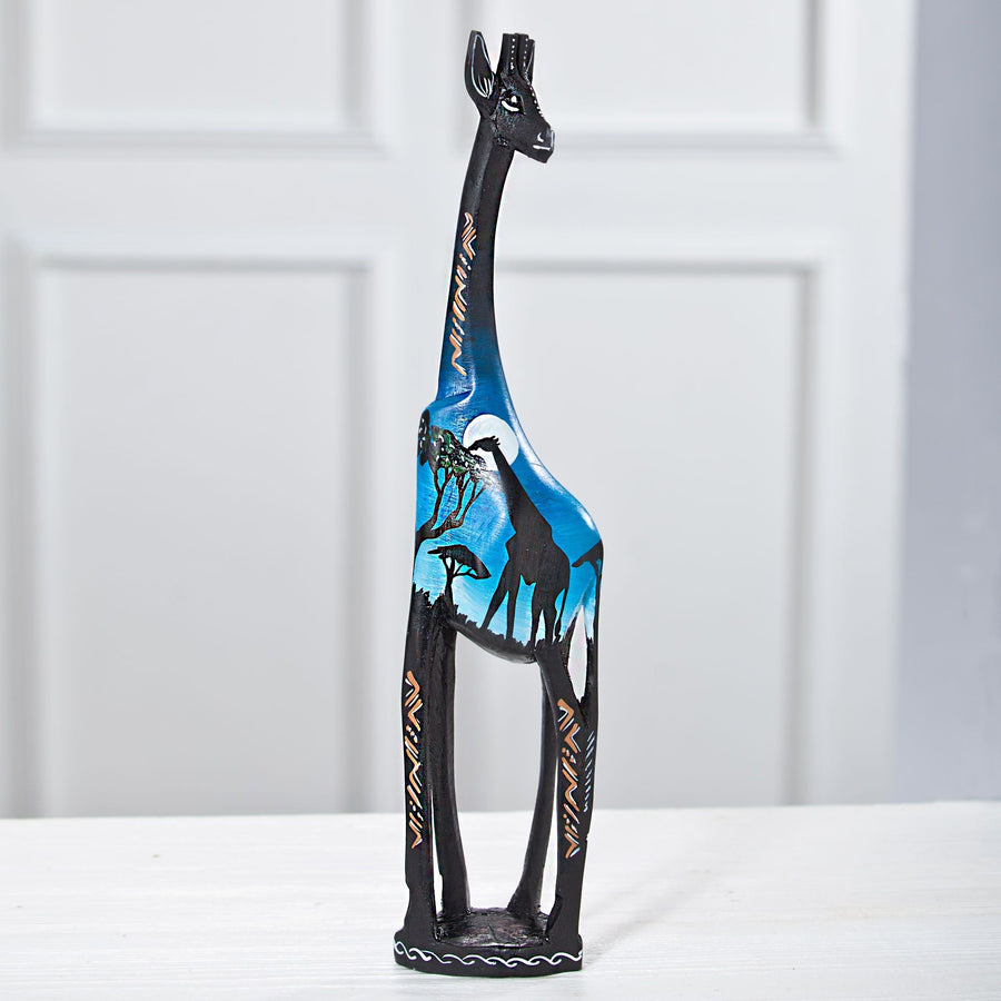 Blue & Black Wooden Giraffe Sculpture