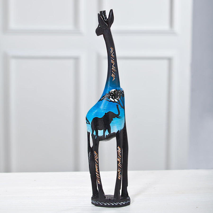 Blue & Black Wooden Giraffe Sculpture