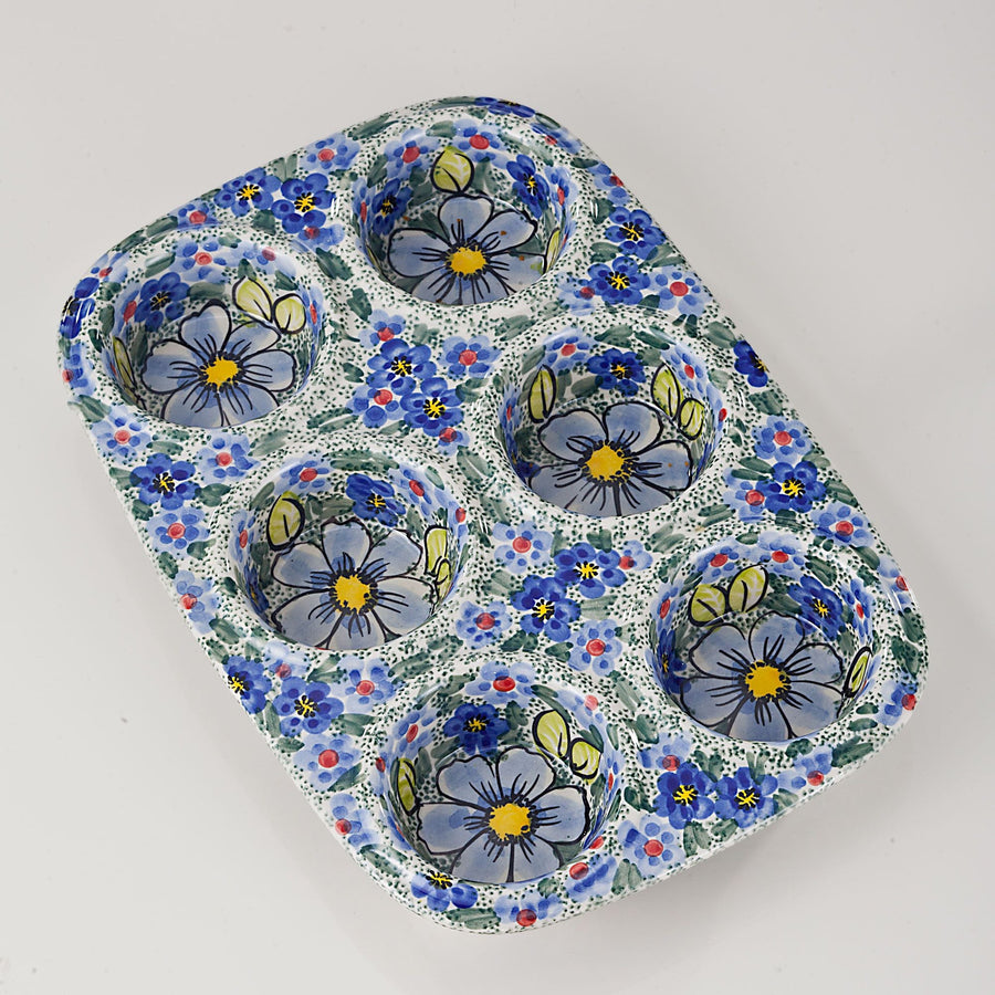 Polish Pottery ''Forget-Me-Not'' Floral Muffin Pan