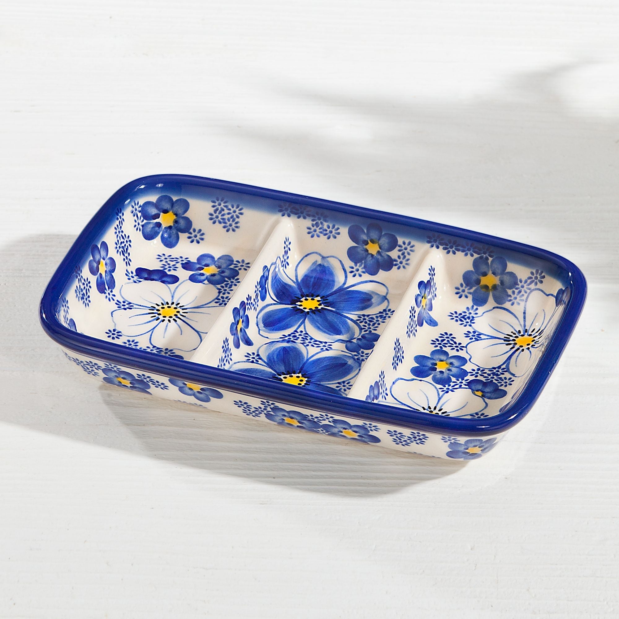 Polish Pottery Blue Cosmos Floral Sectioned Serving Tray