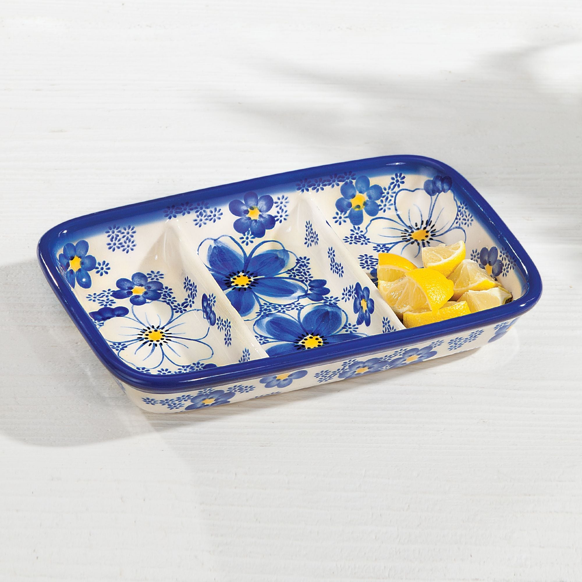 Polish Pottery Blue Cosmos Floral Sectioned Serving Tray
