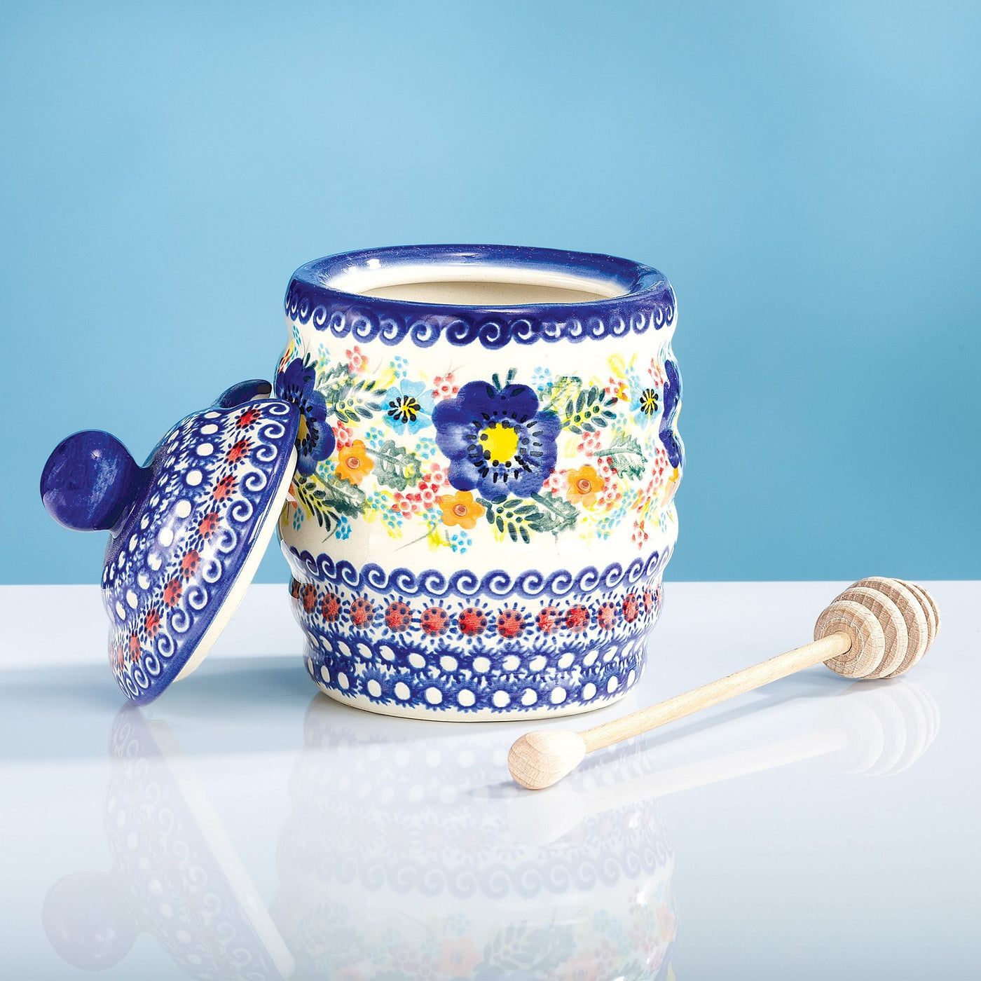 Polish Pottery Flower Garden Blues Honey Pot