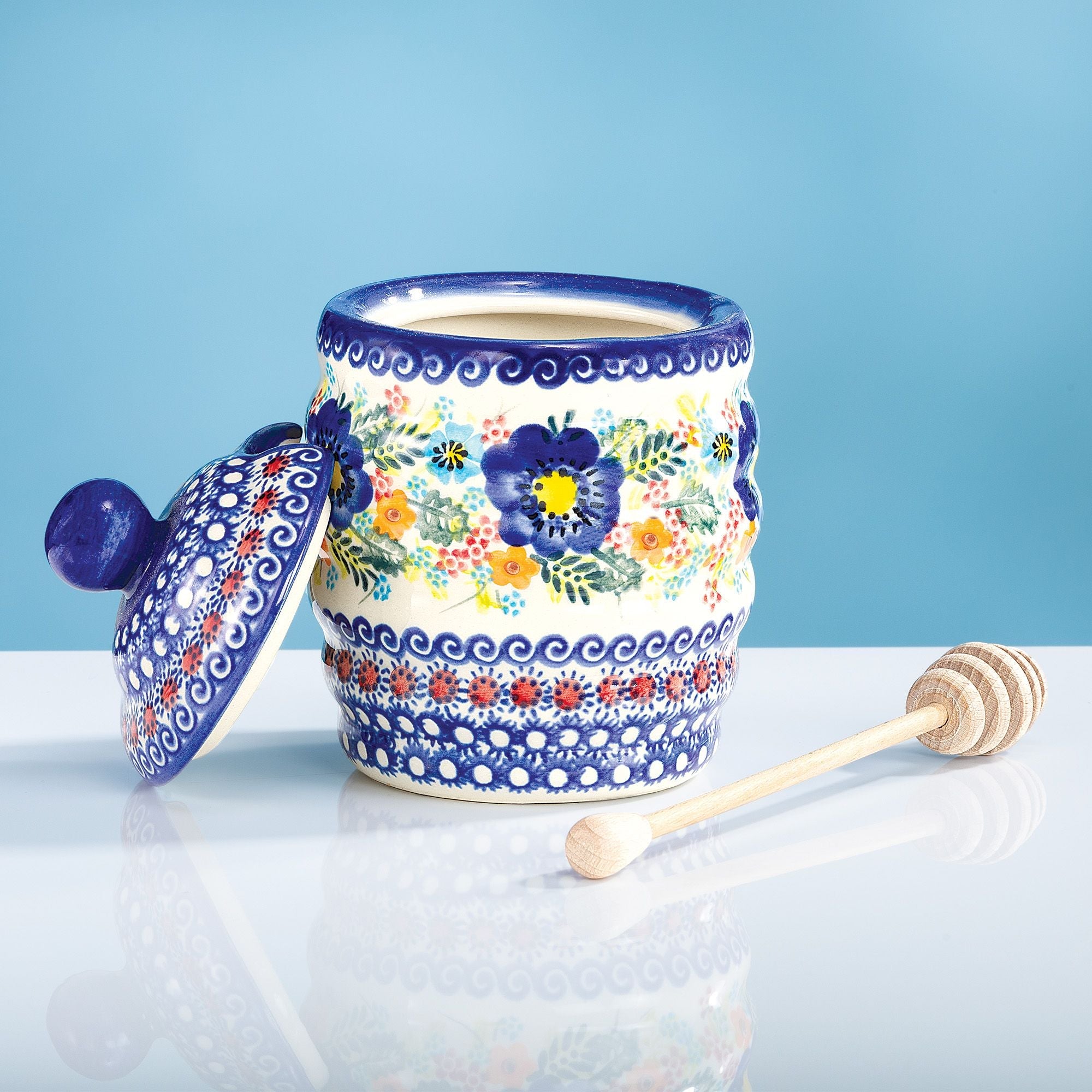 Polish Pottery Flower Garden Blues Honey Pot