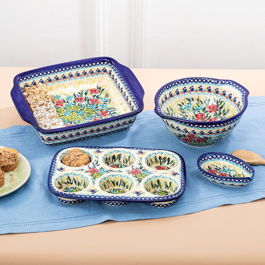 Polish Pottery Poppy Field Floral Muffin Pan