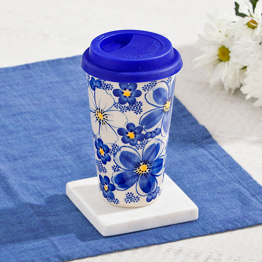 Polish Pottery ''Blue Cosmos'' Floral Travel Mug, 16oz.