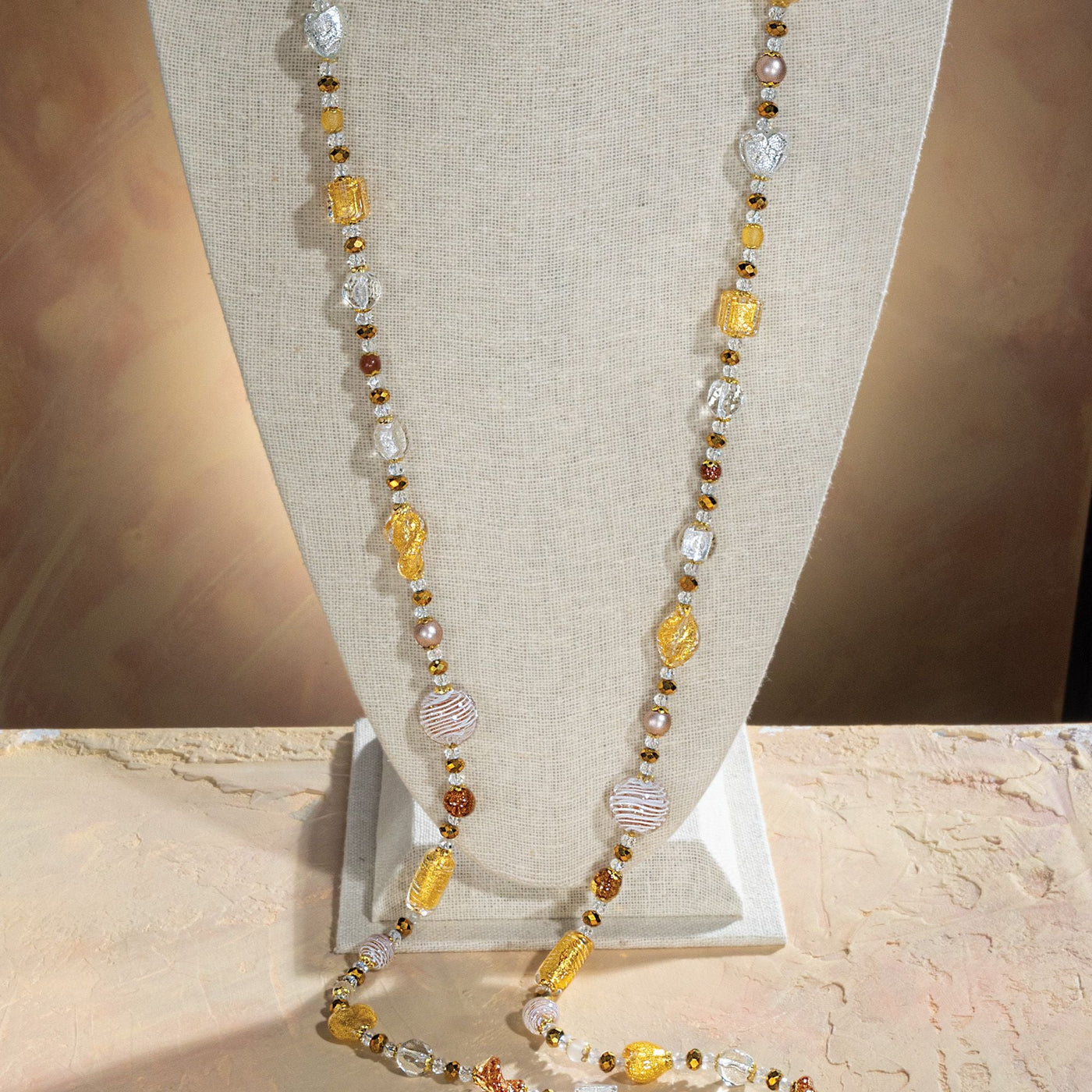 Shimmering Gold & Silver Long Murano Glass Necklace