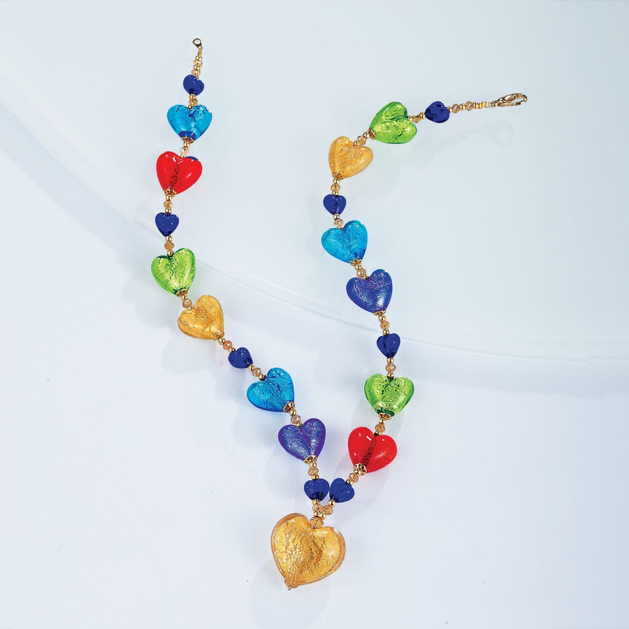 Murano Glass Radiant Rainbow Hearts Necklace