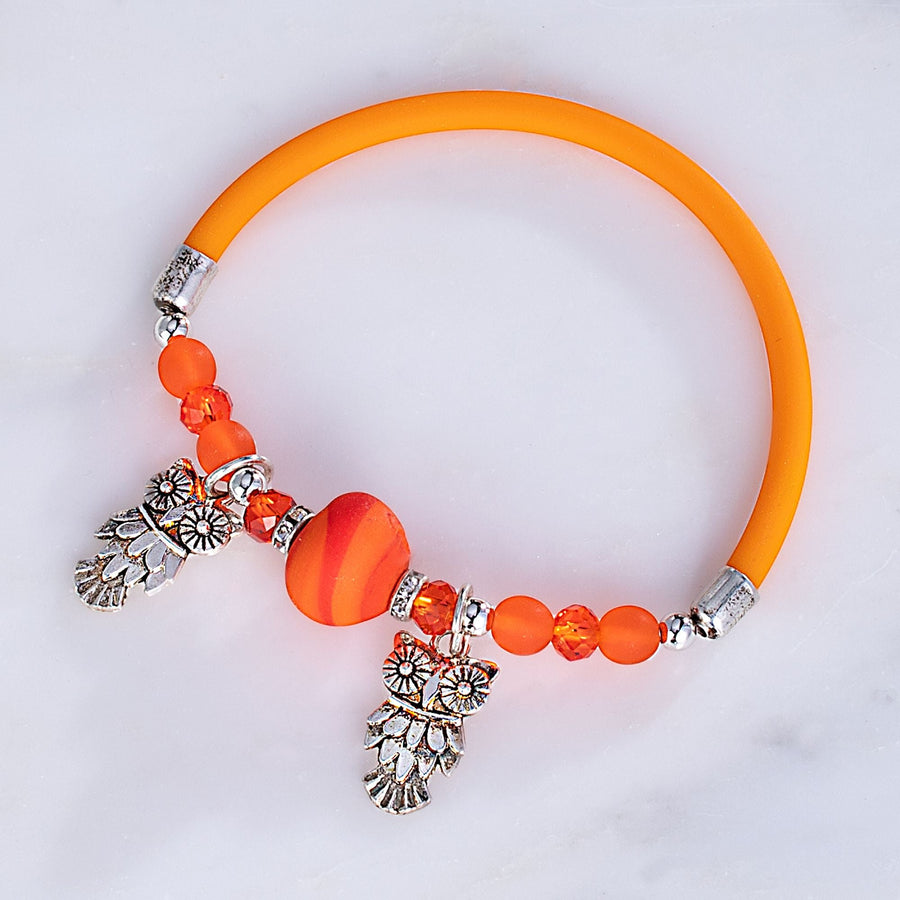 Murano Glass Owl Orange Rubber Stretch Bracelet