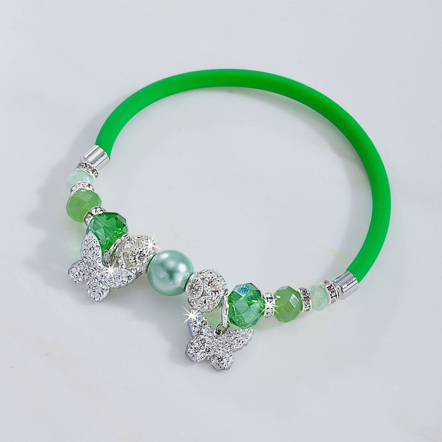 Murano Glass Butterfly Green Rubber Stretch Bracelet