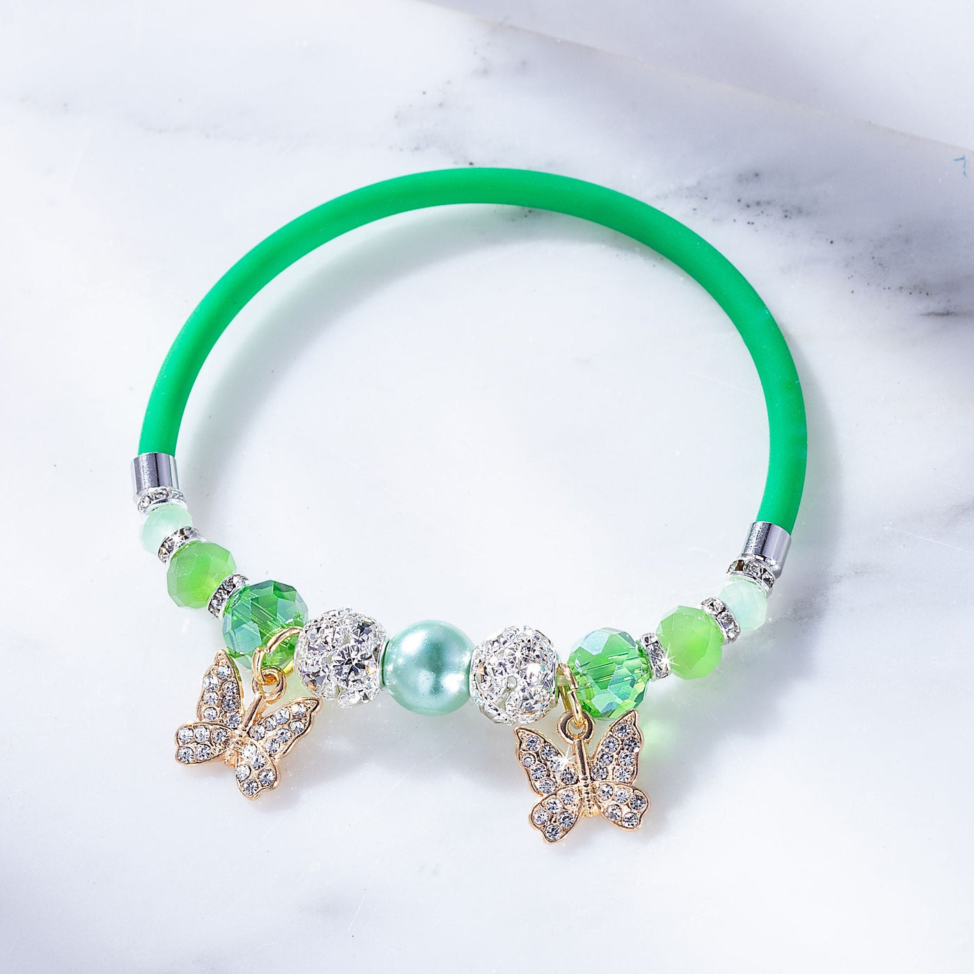 Murano Glass Gold Butterfly Green Rubber Stretch Bracelet