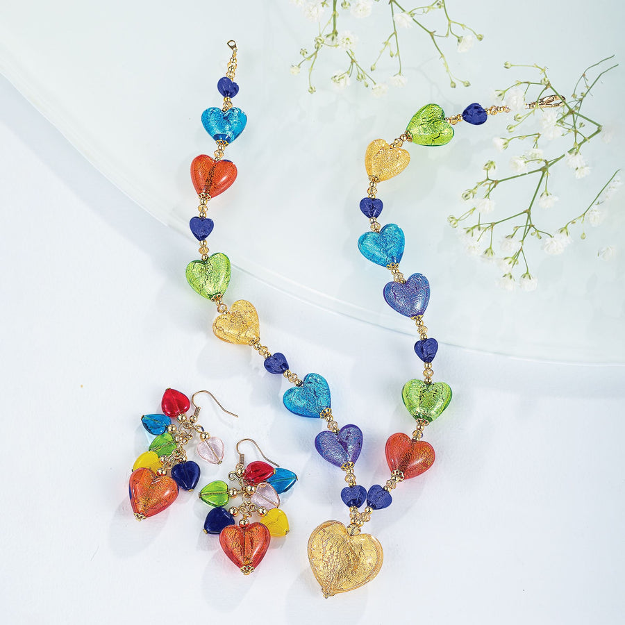 Murano Glass Radiant Rainbow Hearts Necklace