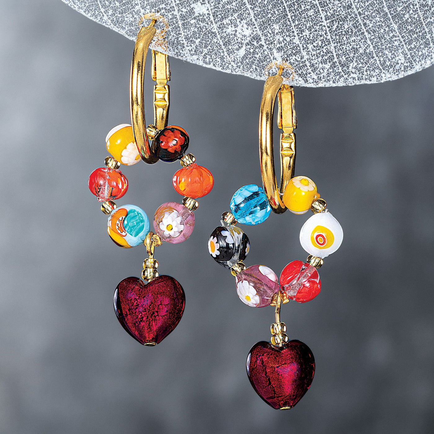 Red Heart With Millefiori Beads Murano Glass 3 Piece Jewelry Set
