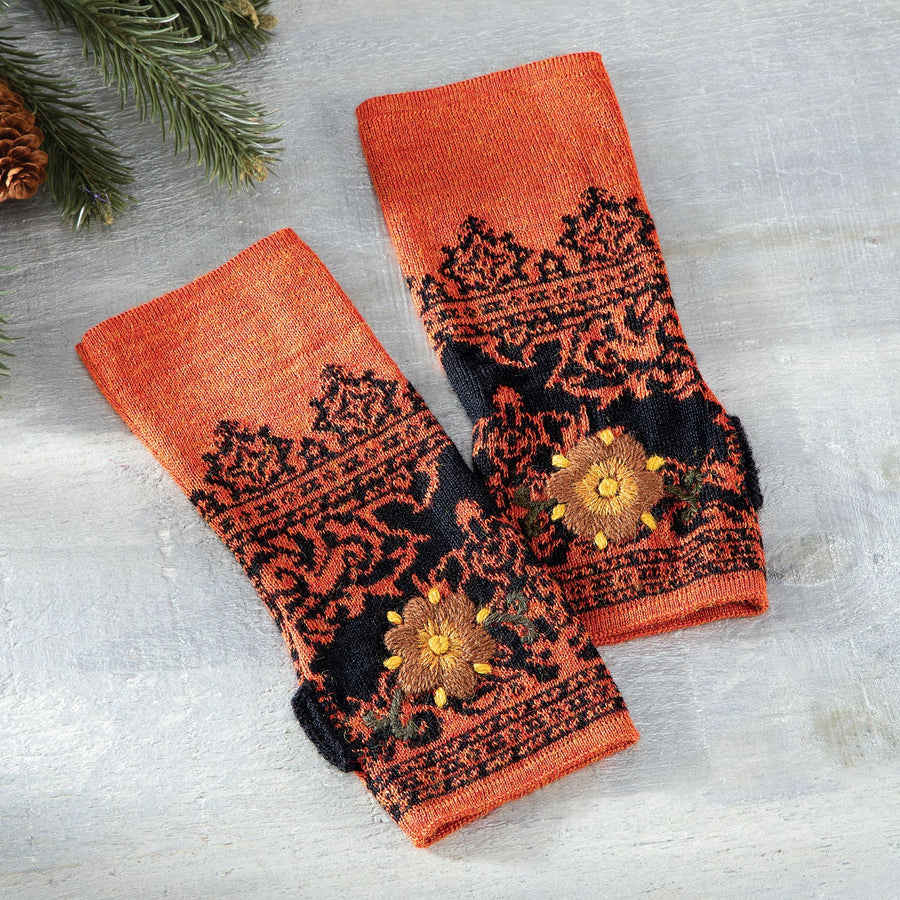 Orange Hand-Embroidered Alpaca Gloves